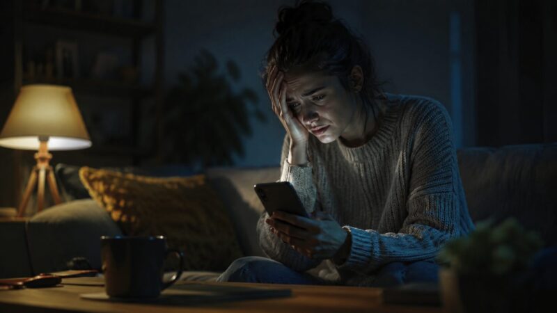口コミや評判をスマートフォンで確認しながら不安そうな表情を見せる女性の様子を描いた、実際の利用者レビュー調査をイメージしたシリアスなシーンの写真風イメージ