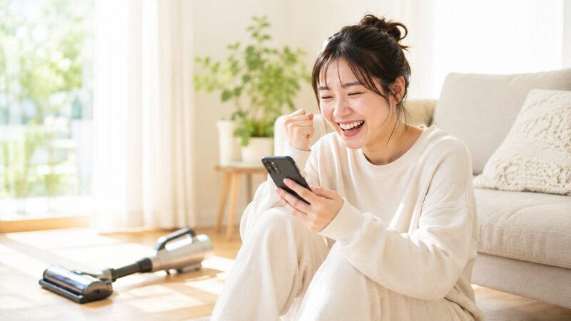 MC-SB33Jの口コミや評判をスマホで見て満足し、笑顔で購入を検討する女性とコードレス掃除機のある明るいリビング風景