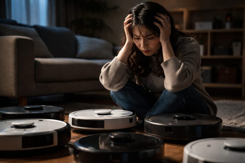 【2026最新】ルンバのおすすめ機種の口コミと選び方をイメージした、ロボット掃除機を前に悩み後悔する女性