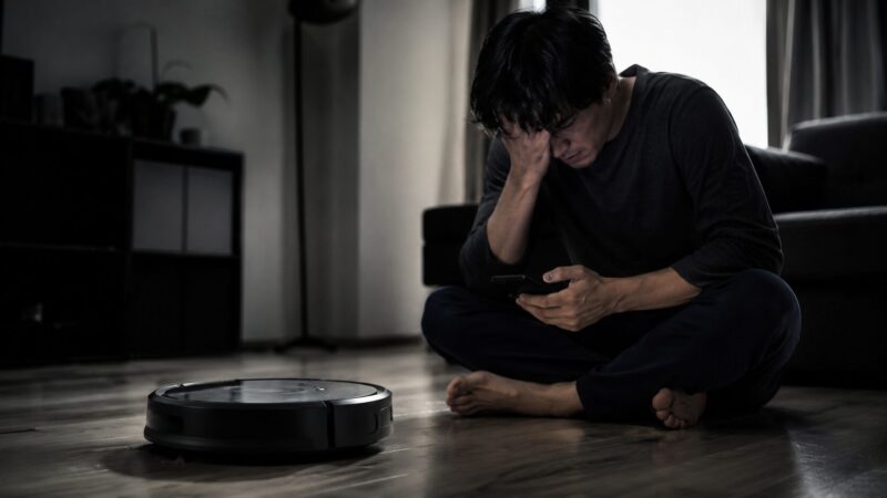 DEEBOT X11 OmniCycloneの口コミ・評判をスマホで確認して落胆する男性と、床で稼働する一般的なデザインのロボット掃除機を描いた、後悔や不安を表現するシリアスでドラマチックなリビングルームの情景写真