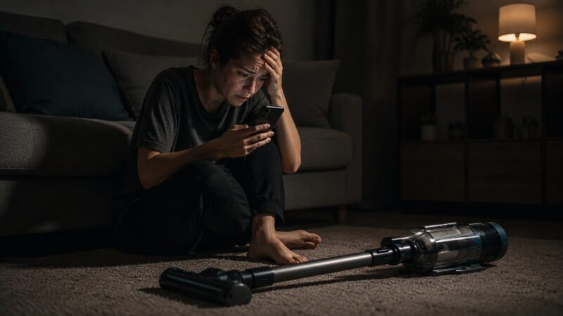 コードレス掃除機の口コミや評判をスマホで調べ、悩みながら頭を抱える女性と掃除機を描いたシリアスな写真