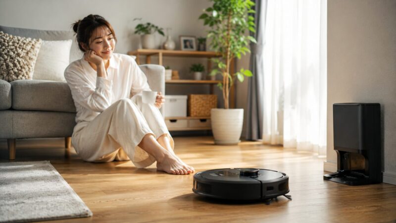 ロボット掃除機が自動で掃除する清潔なリビングで、くつろぎながら家事の負担軽減を実感する女性を描いた明るく快適な室内シーン