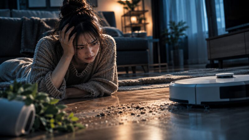 Xiaomi S20+の口コミ・評判に悩み、ロボット掃除機を前に不安そうにしている女性を描いたシリアスなイメージ写真