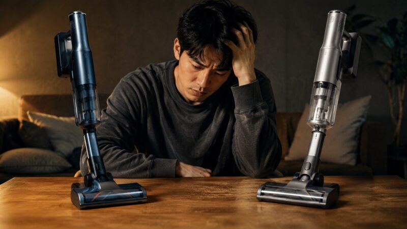 Sharkコードレス掃除機LC602とLC702Jの違いを比較して購入を迷う男性が2台を前に悩んでいるシリアスなイメージ画像
