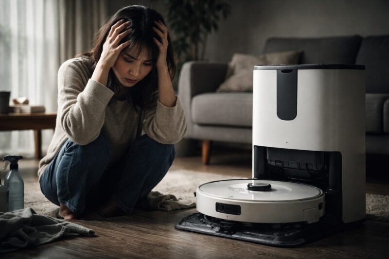 Anker Eufy Omni S1 Proのロボット掃除機の前で頭を抱えて後悔している女性