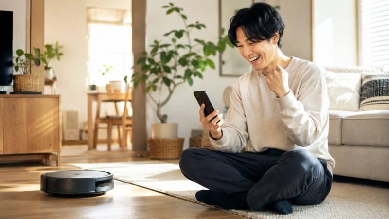 Qrevo Curv Cに満足した男性がスマホで口コミを確認しながら笑顔を見せる、明るく清潔なリビングでロボット掃除機の利便性を実感している様子の写真