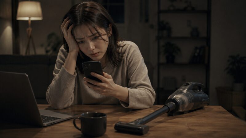 掃除機の口コミや評判をスマホで調べて購入を悩む女性とコードレス掃除機を写したイメージ