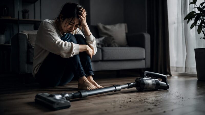コードレス掃除機を前に頭を抱えて後悔する女性のイメージ、PV-BL3Mの悪い口コミから分かったデメリットや購入前の注意点を表現したレビュー記事用画像