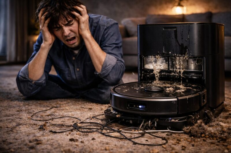 エコバックスのロボット掃除機を前に、悪い口コミや欠点を実感してリビングで頭を抱え、絶望している男性。