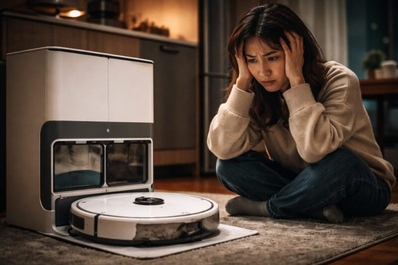 SwitchBot S20ロボット掃除機の前で購入を後悔して悩んでいる女性。