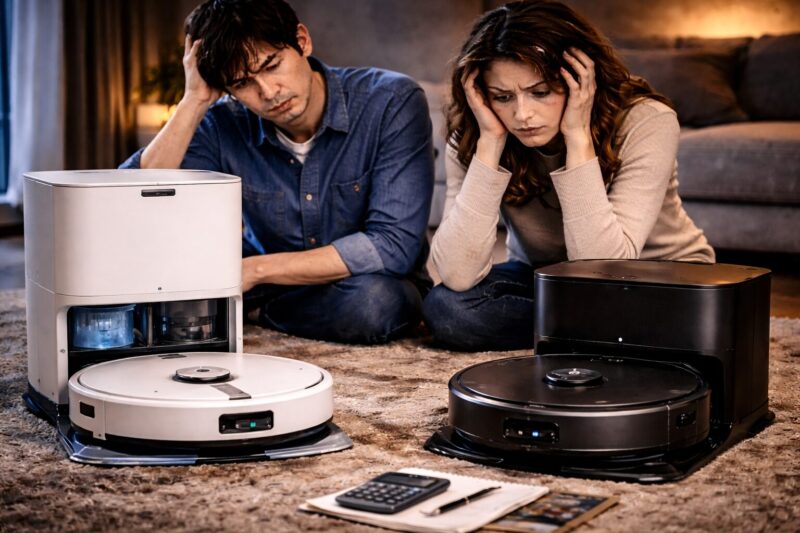 新型の多機能ロボット掃除機と旧型モデルを前に、性能差と価格を比較しながらどちらを選ぶべきか深刻に悩んでいる男女。