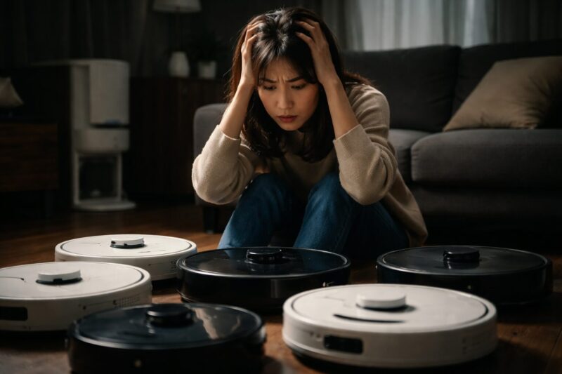 DREAMEロボット掃除機のおすすめ機種選びに悩み後悔している女性と複数のロボット掃除機の比較イメージ