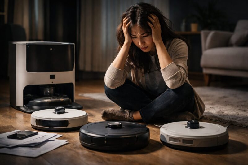 2026年最新エコバックスのリアルな口コミと選び方を比較検討しながら複数のロボット掃除機を前に悩み後悔する女性