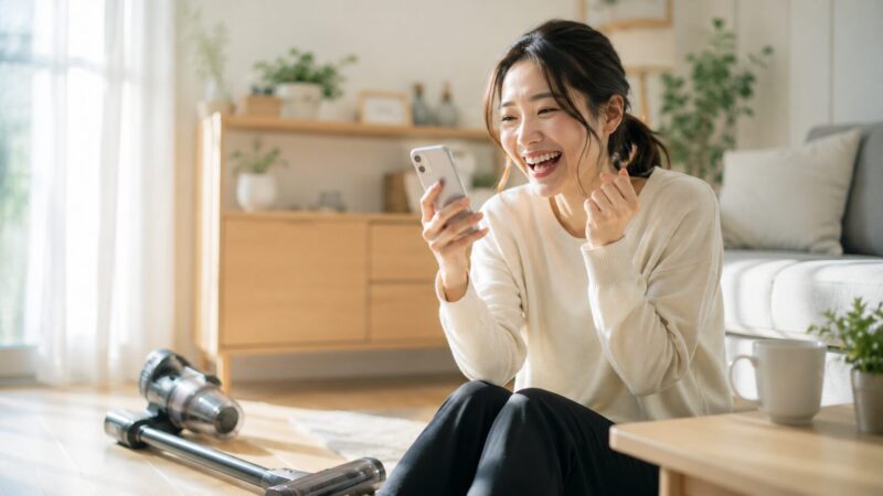 PV-BL3Jを使った満足そうな女性がスマホを見ながら笑顔になり、一般的なデザインのコードレス掃除機と明るいリビングが映るイメージ画像