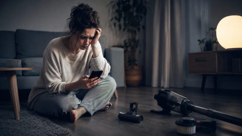 コードレス掃除機「CS150JAE」の口コミや評判をスマホで調べながら後悔して悩む女性と、リビングに置かれた一般的なデザインの掃除機を描いたシリアスなイメージ