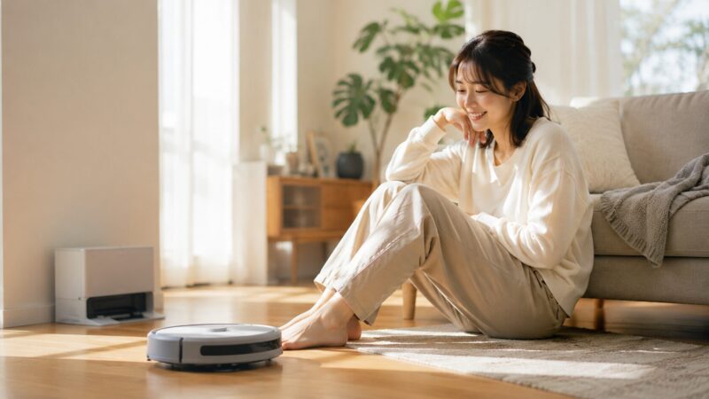 ルンバミニで効率よく掃除ができて満足し、清潔なリビングで笑顔を見せる女性