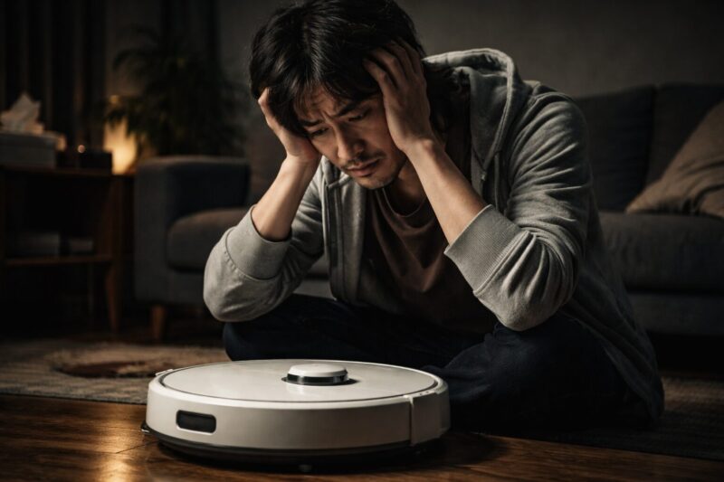 DREAME D9 Max Gen2のロボット掃除機を前に購入を後悔して悩む男性
