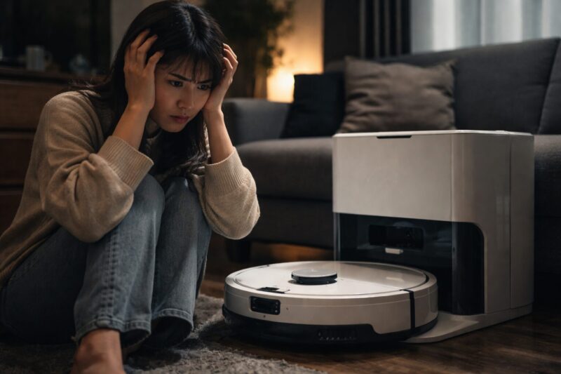 DREAME L40s Pro Ultraのロボット掃除機の前で後悔して悩んでいる女性