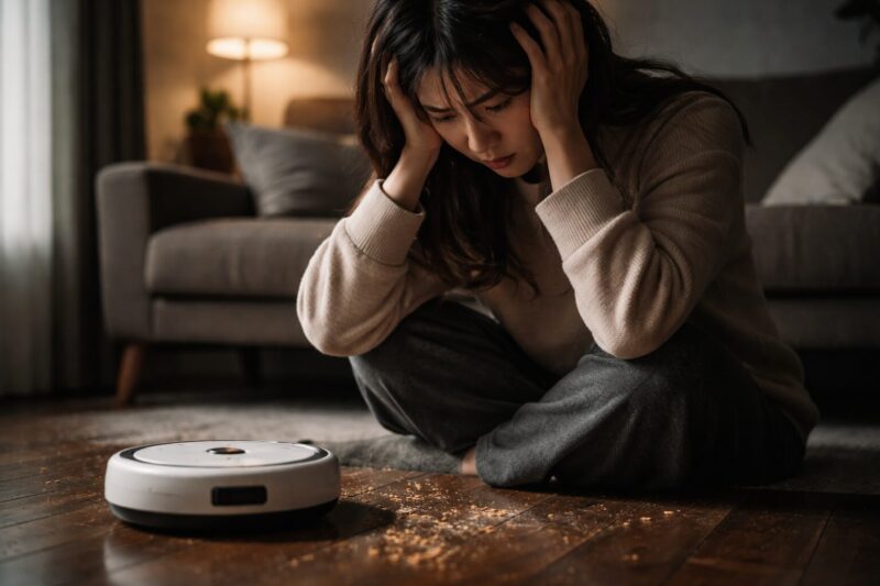 超小型ロボット掃除機「ルンバ ミニ」を前に後悔して頭を抱える女性