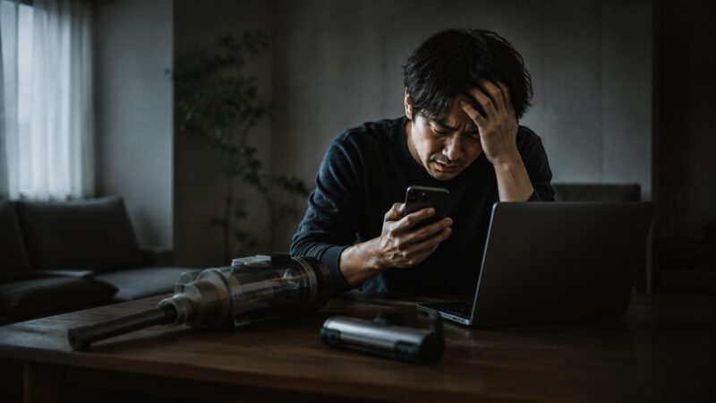 掃除機の口コミや評判をスマホで調べながら購入を悩む男性とコードレス掃除機の比較検討イメージ