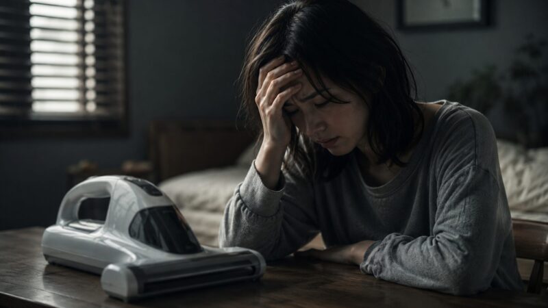 コードレスUVふとんクリーナーのデメリットに悩み、購入を後悔しそうな女性と一般的な布団クリーナーを描いたレビューイメージ写真