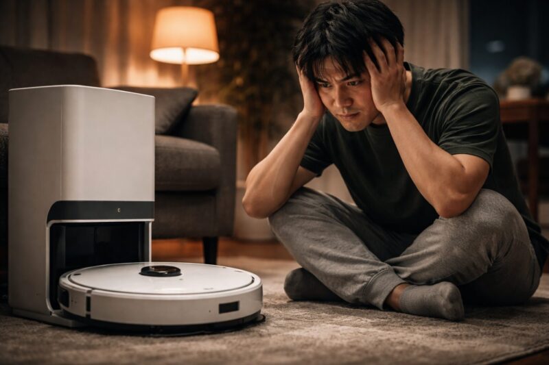 SwitchBot K11+ロボット掃除機の前で購入を後悔して悩んでいる男性