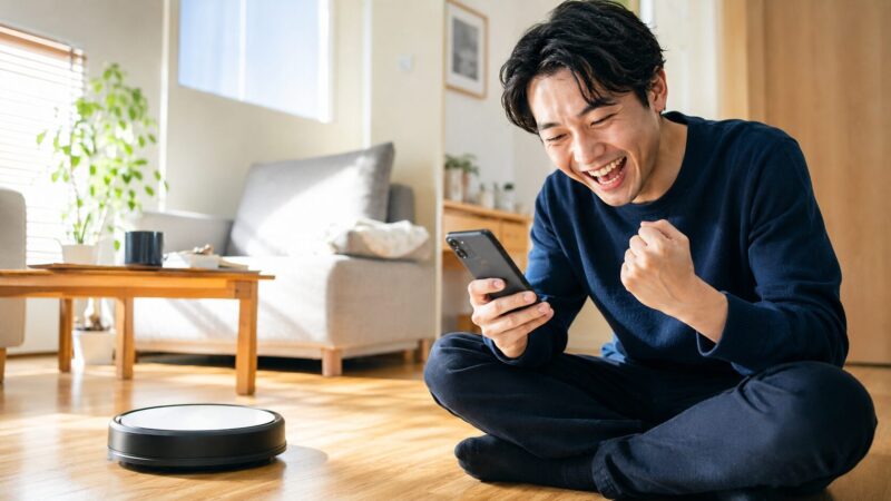 ILIFE V5xの口コミ・評判をスマホで確認し、ロボット掃除機の使い勝手に満足して笑顔になる日本人男性のイメージ