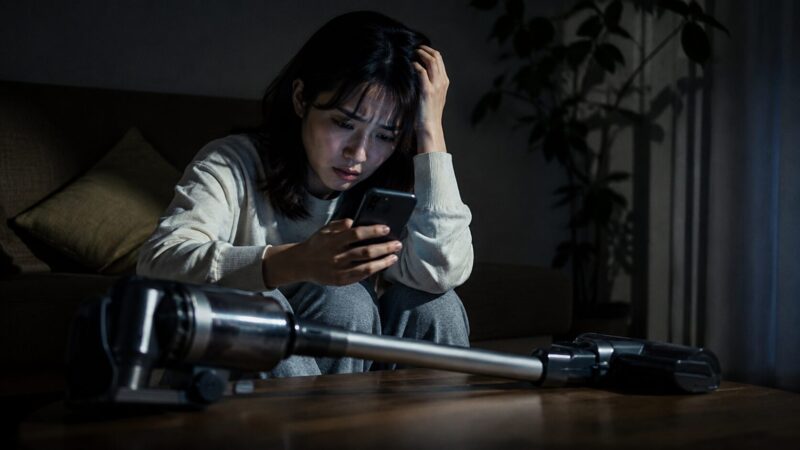 CS651Jの口コミや評判をスマートフォンで調べて落ち込む女性と、手前に置かれたコードレス掃除機を描いた後悔や購入前の不安をイメージしたシリアスな室内シーン