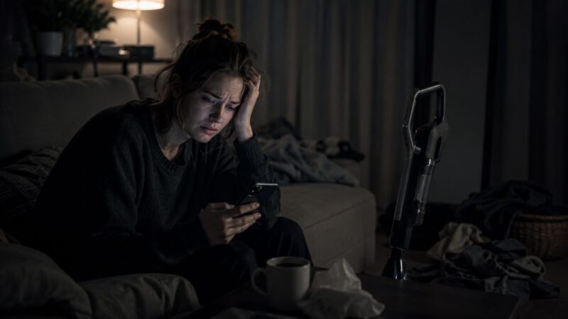 コードレス掃除機S10の口コミや評判をスマホで調べながら後悔と不安を感じる女性と、散らかった部屋に置かれた汎用デザインの掃除機を描いたドラマチックなシリアス写真
