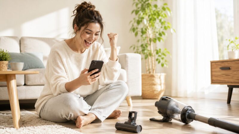 コードレス掃除機「CS150JAE」の口コミや評判を見て満足し、スマホを見ながら満面の笑顔を浮かべる女性と、明るく清潔なリビングに置かれた一般的なデザインのコードレス掃除機のイメージ
