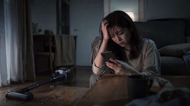 LC751Jの口コミ・評判をスマホで調べながら後悔や不安を感じる女性と、リビングに置かれた一般的なコードレス掃除機を描いたシリアスなイメージ