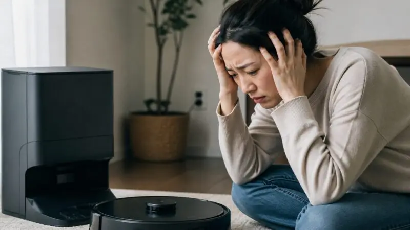若い女性がテーブルに置かれた2台のロボット掃除機（白と黒）を前に、どちらにするか悩んでいる様子。