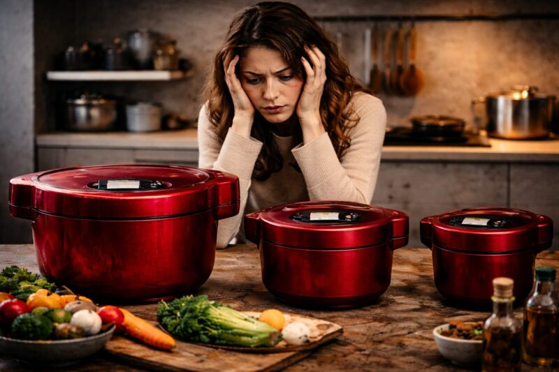 ホットクックの容量・サイズ選びで悩む女性が大小3台の自動調理鍋を前に困惑しているシーン