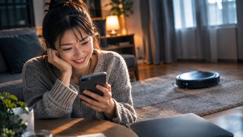 Xiaomi H40の口コミ・評判をスマホで調べて安心した女性とロボット掃除機を描いた笑顔のイメージ写真