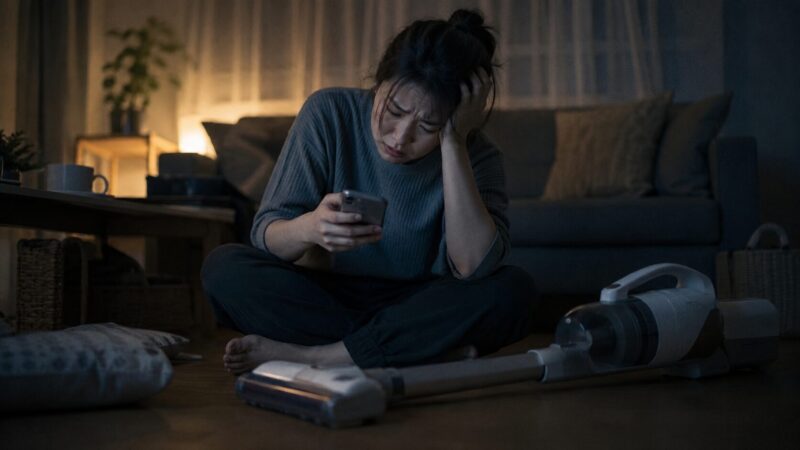 IC-FAC3の口コミや評判をスマホで調べて後悔しながら悩む女性と、リビングに置かれた一般的なデザインのコードレス掃除機のイメージ写真