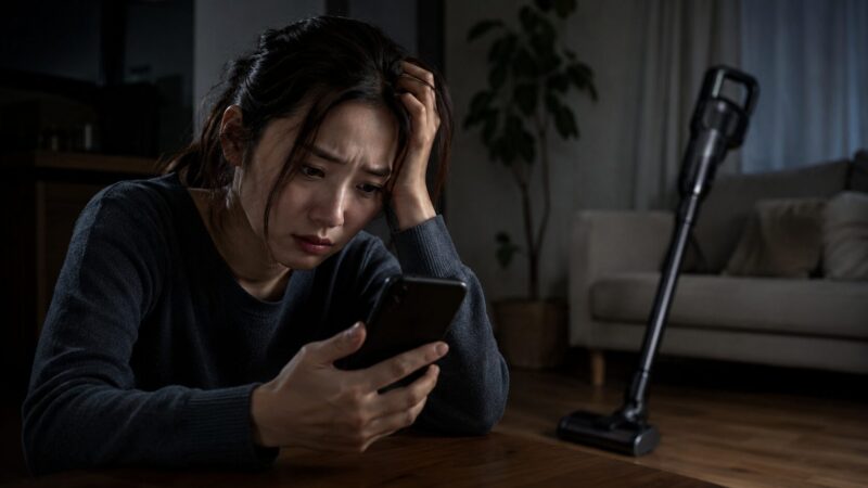 LC702J（LC702JBL）の口コミや評判をスマホで調べながら後悔や不安を感じる女性と、室内に置かれたコードレス掃除機を描いたシリアスなイメージ写真