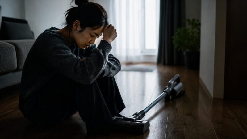 コードレス掃除機の使い勝手に悩み、床に座り込んで後悔する女性と一般的なデザインの掃除機を描いたシリアスな室内イメージ