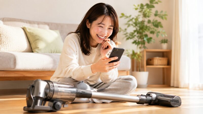 CS651Jの口コミや評判をスマートフォンで確認して満面の笑顔を見せる女性と、手前に置かれたコードレス掃除機が印象的な、購入満足度の高さをイメージした明るく開放的なリビングシーン