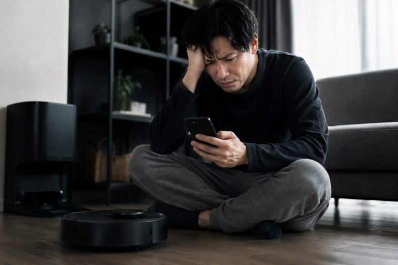 Q7B+の口コミ・評判をスマホで調べて不安そうな表情を浮かべる男性と、一般的なデザインのロボット掃除機が置かれたリビングを描いた、購入後の後悔や悩みをイメージしたシリアスでドラマチックな室内写真
