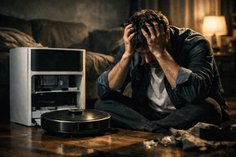 エコバックス「T80 OMNI」の悪い評判や欠点を知ってしまい、買ったロボット掃除機の前で後悔して頭を抱える男性