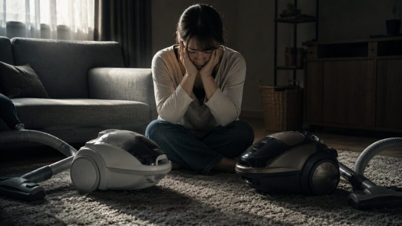 パナソニック「MC-PJ24A」と「MC-PJ24G」の違いを比較して購入を迷う人物と、2台のキャニスター掃除機を並べた比較イメージ写真