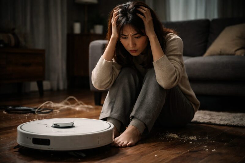 ロボット掃除機は必要かいらないかで悩み後悔している女性と動かないロボット掃除機のイメージ