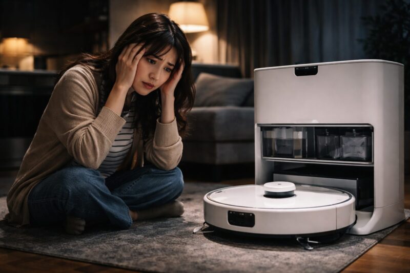 エコバックスDEEBOT T80S OMNIは買いか悩み、ロボット掃除機の前で後悔やデメリットを考えて悩んでいる女性のイメージ画像