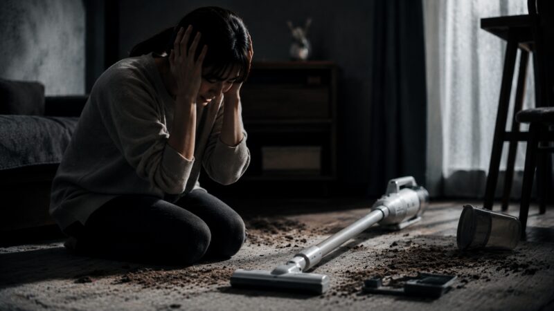 掃除機の性能に悩み落ち込む女性と散らかった部屋に置かれたコードレス掃除機