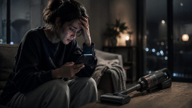 PV-BL1C4の口コミ・評判をスマホで調べて不安や後悔を感じる女性と、コードレス掃除機を描いたレビュー・口コミ比較イメージ写真