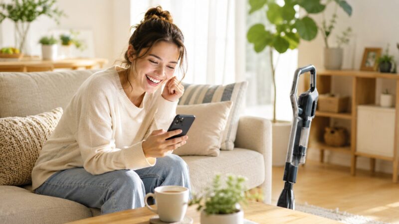 コードレス掃除機S10の口コミや評判をスマホで確認して満足そうに笑顔を見せる女性と、明るく清潔なリビングに置かれたコードレス掃除機を描いたイメージ写真