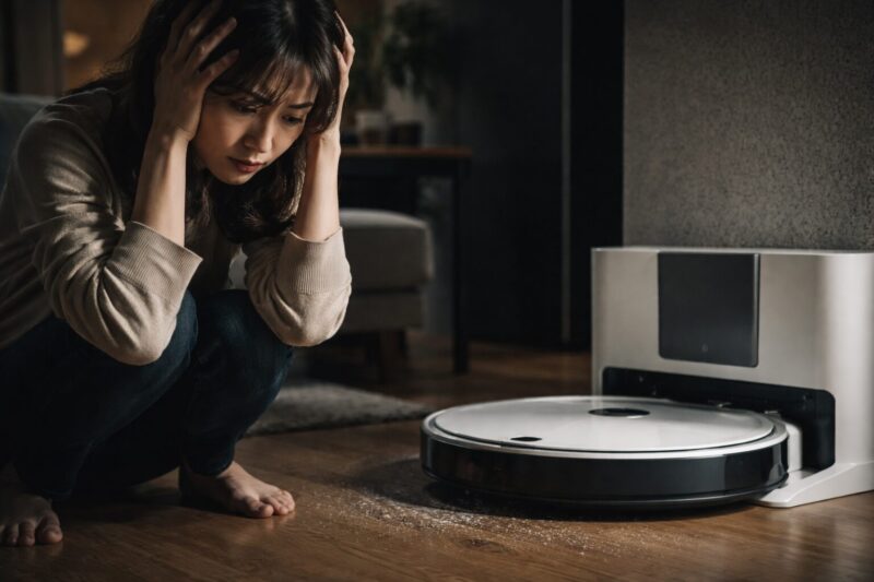 ロボロックSaros 10Rのロボット掃除機に不満を感じて床に残ったゴミを前に悩む女性。