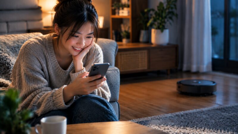 alt:ルンバ i2の口コミ・評判をスマホで確認して笑顔になる女性とロボット掃除機を描いた室内シーン