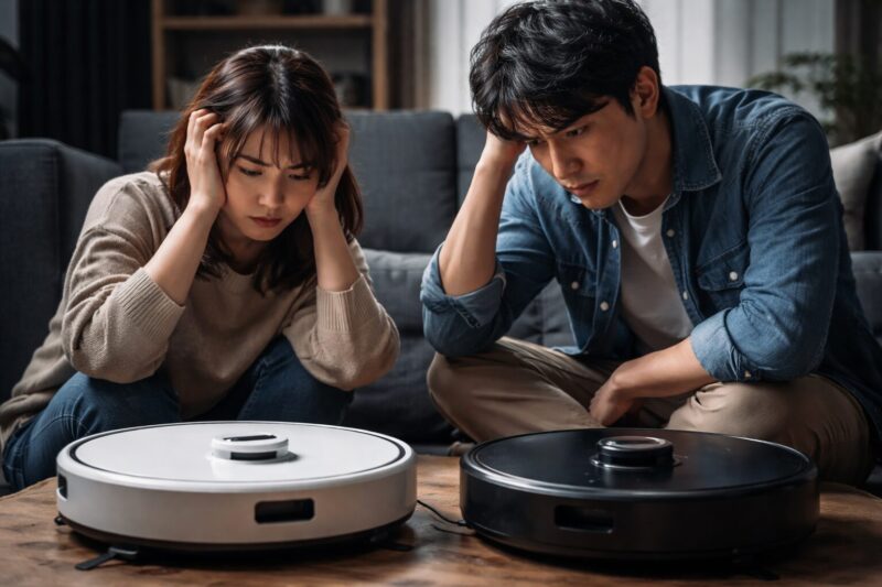 エコバックスのDEEBOTとAnkerのEufyロボット掃除機を並べて比較し、機能や性能の違いを検証している様子。