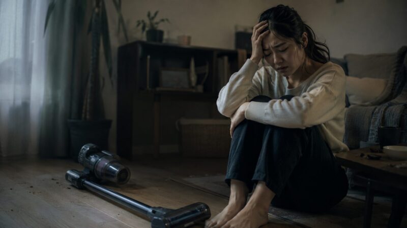 PV-BL3Jの口コミや評判をスマホで調べて後悔しながら悩む女性と、一般的なデザインのコードレス掃除機が置かれたシリアスなリビングのイメージ画像